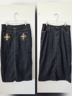 Street Jeans Dark Wash Denim Jean Maxi Skirt Y2K 90s Embroidered Hippie Large